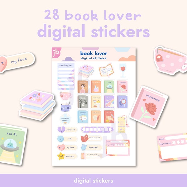 Book Lover Digital Stickers Book Genre Stickers for Reading Journal Stickers for Goodnotes Cute Stickers for Planners