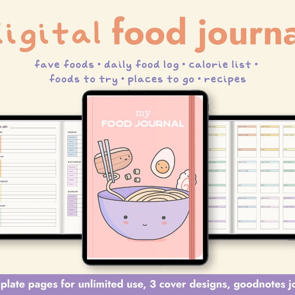 Digital Food Journal Kawaii Goodnotes Journal Food Log Meal Planner Food Stickers for Digital Planner