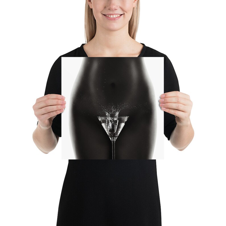Black /& white luster photo print rolled in a tube Nude woman olive splashing martini glass