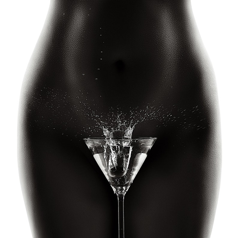 Black /& white luster photo print rolled in a tube Nude woman olive splashing martini glass