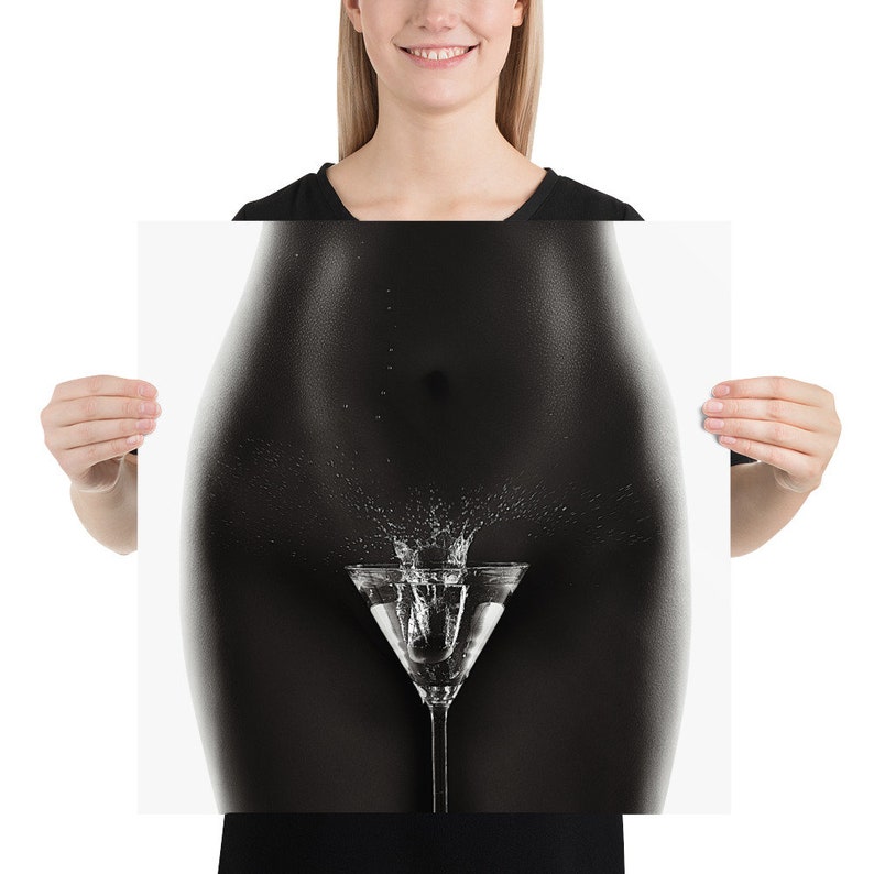 Black /& white luster photo print rolled in a tube Nude woman olive splashing martini glass