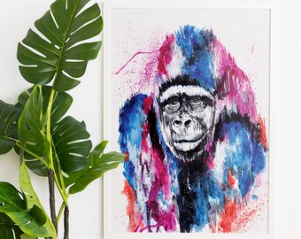 Gorilla watercolor painting print, animal wall art, colorful gorilla, home decor, wildlife, illustration, gorilla portrait, abstract art