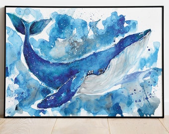 Impression aquarelle de baleine, art marin, nautique, vie océanique, dessin de baleine à bosse, illustration animalière, art de pépinière, décoration intérieure