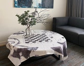 Linen tablecloth decorated with artwork CHESS, square tablecloth, design tablewear, black and white colour, softened linen