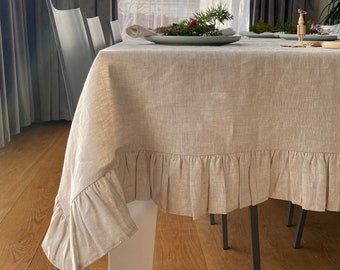 Natural linen tablecloth with frill, Christmas table cover, rectangle linen tablecloth, festive tablecloth, natural fine linen tablecloth