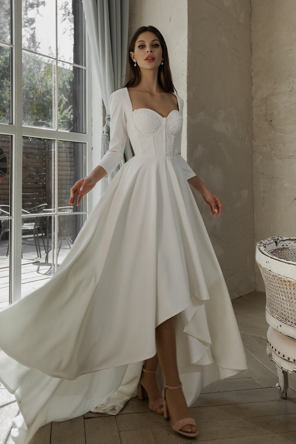 Midi length wedding dress. Wedding dress with built-in bra. | Etsy