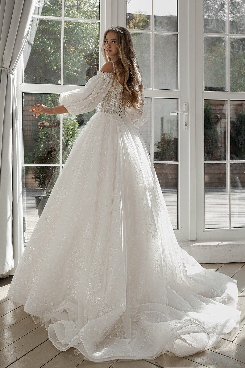 Low cut wedding dress. Wedding dress with weightless sleeves. Etsy