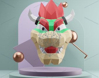Bowser hoofd muur trofee 3D Papercraft, PDF-sjabloon, DIY 3D laag poly model, papieren sculptuur
