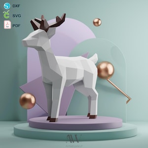 Papercraft Standing Deer PDF, SVG, Studio Template - DIY Papercraft Reindeer for Christmas Decoration - Deer Sculpture, Lowpoly Paper Model
