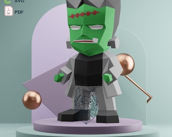 May include: A 3D polygonal papercraft figure of a green-skinned character with a flat-top head, a red stitched forehead scar, and a black jacket over a gray suit. The figure includes icons for DXF, SVG, and PDF file formats and the text WOLF POLYGONAL ART.