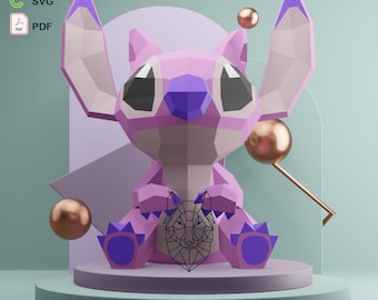 May include: A polygonal art figure of a cartoon character in shades of pink, purple, and gray, sitting on a round platform. The figure has large ears and a stylized design. The image includes the text "WOLF POLYGONAL ART" and icons for DXF, SVG, and PDF files.