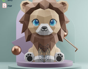 Plantilla de manualidades de papel con león bebé: adorable compañero de escritorio con león