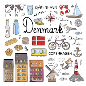 Może przedstawiać: Kapryśna ilustracja Danii z krową, budynkami, jedzeniem, rowerem i syreną. Słowo "Denmark" jest napisane dużą, stylizowaną czcionką. Inne słowa to "Copenhagen", "Odence", "Aarhus" i "Christiania".