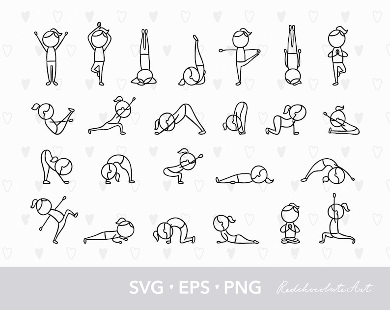 May include: A set of 20 black and white line drawings of stick figures in various yoga poses. The drawings are simple and stylized, and they are perfect for use in a variety of projects, such as yoga instruction, fitness websites, or social media.