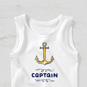 May include: White sleeveless shirt with a gold anchor and the text "CAPTAIN" in blue.