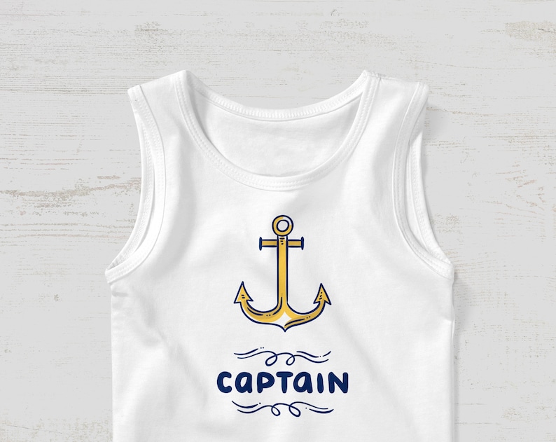 May include: White sleeveless shirt with a gold anchor and the text "CAPTAIN" in blue.