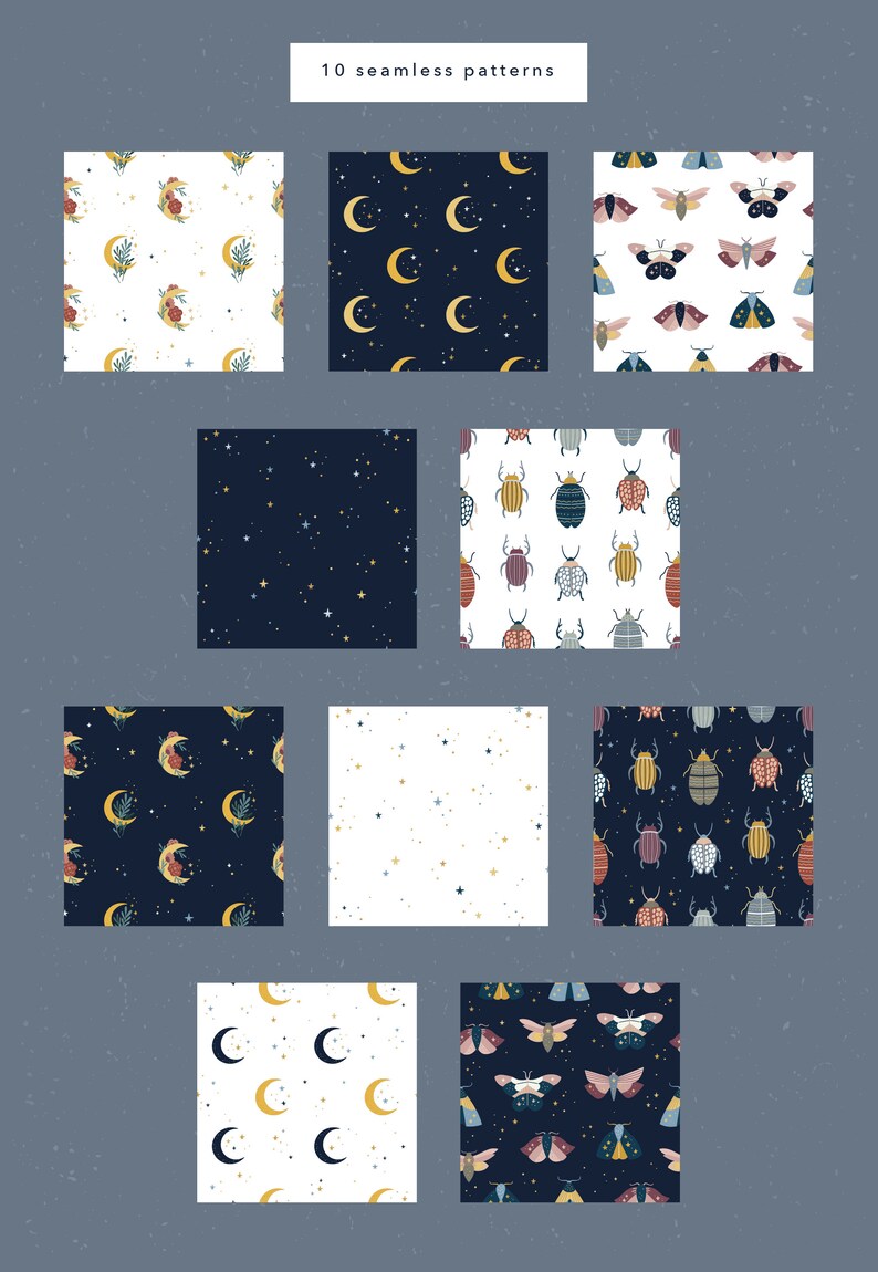Celestial Digital Paper Pack, Moon Stars and Moths, Insects and ...