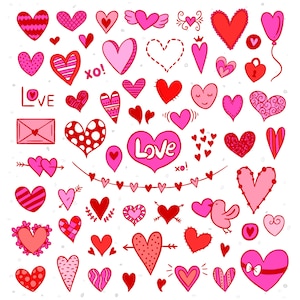 K&ouml;nnte beinhalten: Eine Sammlung handgezeichneter Herzen in verschiedenen Stilen und Farben, darunter Rot, Pink und Wei&szlig;. Einige Herzen haben Muster, wie zum Beispiel Punkte oder Wirbel. Das Wort "Love" erscheint zweimal im Bild, einmal in einem rosa Herzen und einmal in einem roten Herzen.