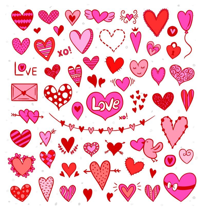 K&ouml;nnte beinhalten: Eine Sammlung handgezeichneter Herzen in verschiedenen Stilen und Farben, darunter Rot, Pink und Wei&szlig;. Einige Herzen haben Muster, wie zum Beispiel Punkte oder Wirbel. Das Wort "Love" erscheint zweimal im Bild, einmal in einem rosa Herzen und einmal in einem roten Herzen.