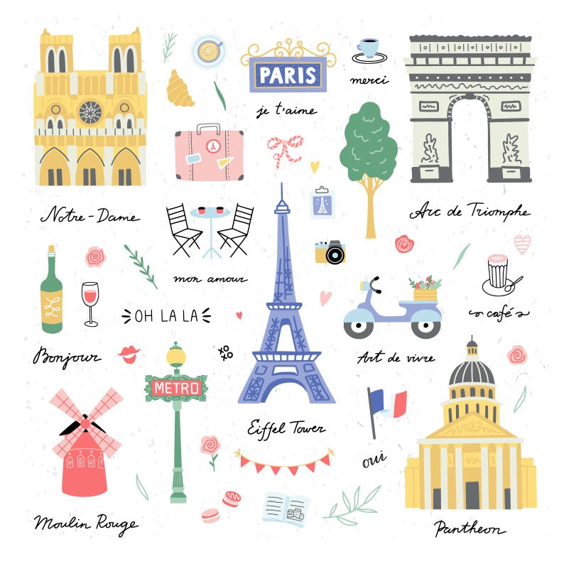 May include: A charming illustration of Parisian icons, including the Eiffel Tower, Arc de Triomphe, and Notre Dame. Features a scooter, cafe, and the text "Paris" and "Bonjour". The design uses soft pastel colours like pink, blue, and yellow.