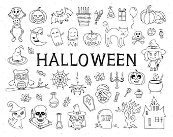 May include: Black and white line art illustrations of Halloween themed objects, including a skeleton, a ghost, a witch, a cat, a pumpkin, a spider, a spider web, a cauldron, a haunted house, a candy corn, a bat, a skull, a tombstone, a candy cane, a cupcake, a candle, a crow, a moon, a star, and the word "HALLOWEEN".