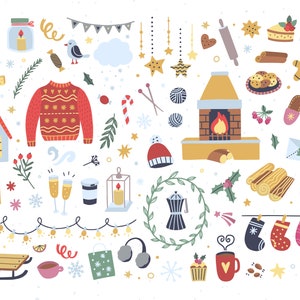 May include: A collection of colorful Christmas and winter-themed illustrations, including a fireplace, a knitted sweater, a gingerbread man, a bird, a house, a sled, a coffee pot, a lantern, a mug, a stocking, a candy cane, a star, a wreath, a present, a candle, a snowflake, a bell, a pine branch, a glass of champagne, a cup of coffee, a cupcake, a cookie, a piece of cake, a jar, a piece of chocolate, a rolling pin, a pair of slippers, an envelope, a log, a bag, a pair of headphones, a string of lights, and a sprig of holly.
