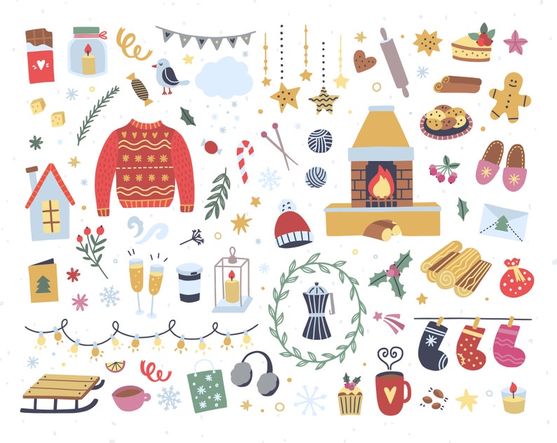 May include: A collection of colorful Christmas and winter-themed illustrations, including a fireplace, a knitted sweater, a gingerbread man, a bird, a house, a sled, a coffee pot, a lantern, a mug, a stocking, a candy cane, a star, a wreath, a present, a candle, a snowflake, a bell, a pine branch, a glass of champagne, a cup of coffee, a cupcake, a cookie, a piece of cake, a jar, a piece of chocolate, a rolling pin, a pair of slippers, an envelope, a log, a bag, a pair of headphones, a string of lights, and a sprig of holly.
