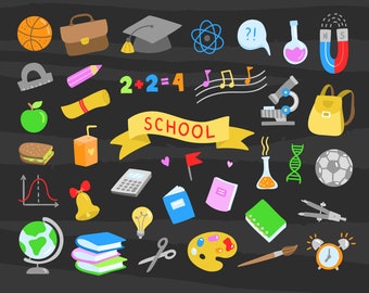 May include: A colorful illustration of various school supplies, including a globe, a backpack, a calculator, a microscope, a paint palette, a bell, a compass, a book, a pencil, a ruler, a graduation cap, a soccer ball, a juice box, an apple, a sandwich, a light bulb, a paintbrush, an alarm clock, a beaker, a DNA strand, a music note, a magnet, a basketball, a diploma, a math equation, and a speech bubble with a question mark. The text "SCHOOL" is written on a yellow ribbon.