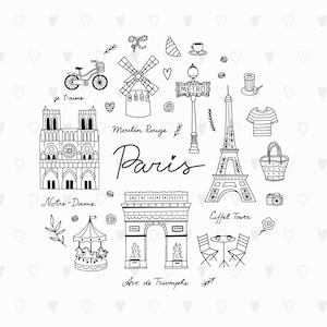 Pu&ograve; includere: Un'illustrazione in bianco e nero di monumenti parigini iconici, tra cui la Torre Eiffel, l'Arco di Trionfo, la Cattedrale di Notre Dame e il Moulin Rouge. L'illustrazione include anche una giostra, una bicicletta, una tazza di caff&egrave;, una maglietta a righe, una macchina fotografica e una borsa di vimini. Il testo "Parigi" &egrave; scritto in un font stilizzato.