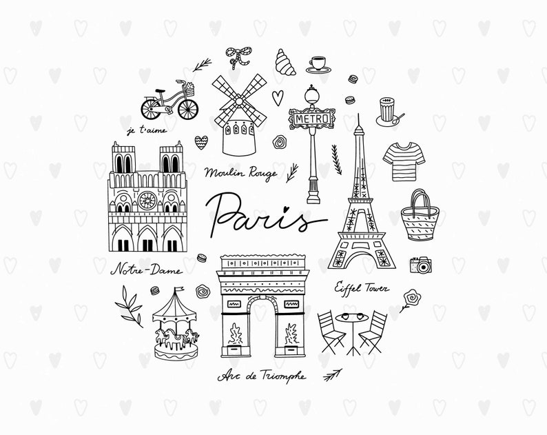 Pu&ograve; includere: Un'illustrazione in bianco e nero di monumenti parigini iconici, tra cui la Torre Eiffel, l'Arco di Trionfo, la Cattedrale di Notre Dame e il Moulin Rouge. L'illustrazione include anche una giostra, una bicicletta, una tazza di caff&egrave;, una maglietta a righe, una macchina fotografica e una borsa di vimini. Il testo "Parigi" &egrave; scritto in un font stilizzato.