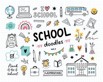 School clipart, School doodle clipart, Teacher clipart, Back to school clipart, School icons