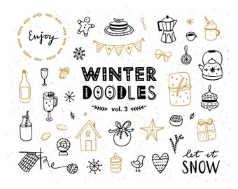 Julklappsdoodle clipart, vinterdoodles, julklipp, jul png-paket
