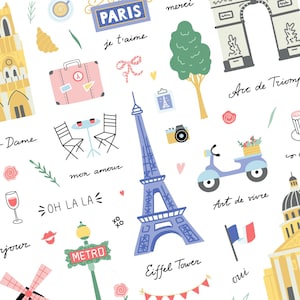 May include: A charming illustration with Parisian themes. Depicts the Eiffel Tower, Arc de Triomphe, and a scooter, alongside phrases such as "Paris", "je t'aime", and "Oh La La". The design is set against a white backdrop.