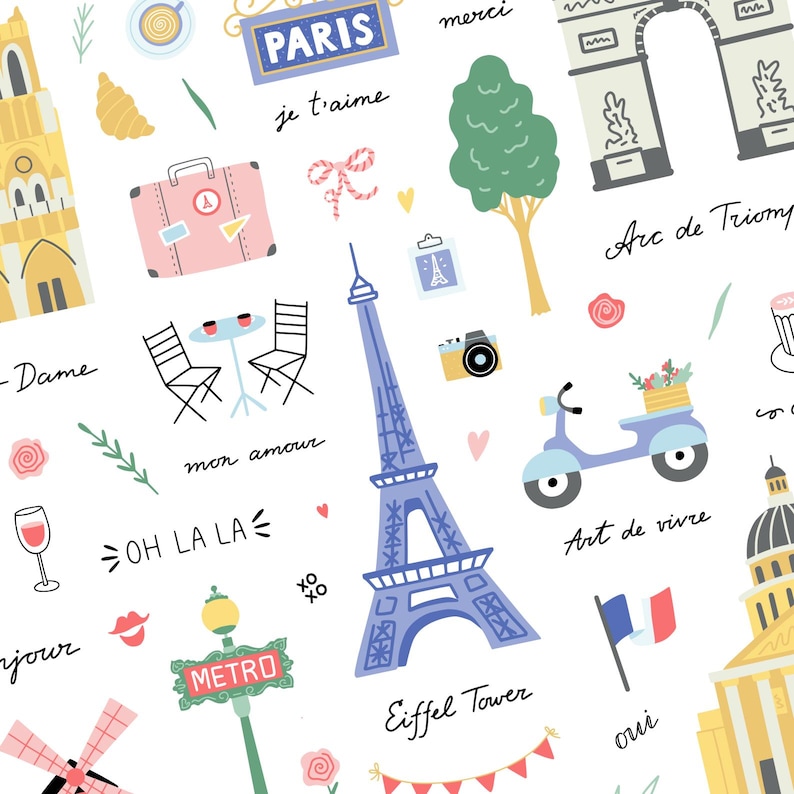 May include: A charming illustration with Parisian themes. Depicts the Eiffel Tower, Arc de Triomphe, and a scooter, alongside phrases such as "Paris", "je t'aime", and "Oh La La". The design is set against a white backdrop.