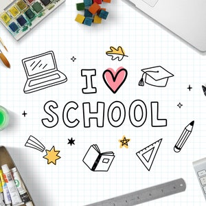 May include: A white sheet of paper with a grid pattern, featuring a hand-drawn illustration of the phrase "I love school" with various school-related icons, including a laptop, a graduation cap, a book, a ruler, a star, and a heart.