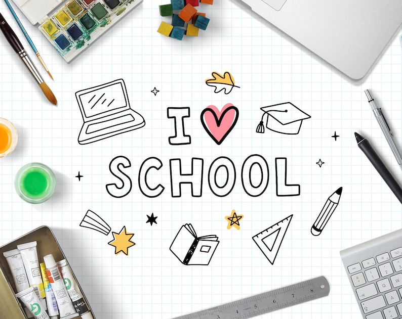 May include: A white sheet of paper with a grid pattern, featuring a hand-drawn illustration of the phrase "I love school" with various school-related icons, including a laptop, a graduation cap, a book, a ruler, a star, and a heart.