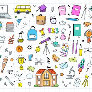 Pu&ograve; includere: Un'illustrazione colorata di scarabocchi di materiale scolastico, tra cui un autobus scolastico, un mappamondo, uno zaino, un telescopio, un microscopio, una tavolozza di colori, un trofeo, un righello, una matita, un libro, un quaderno, una campana, una calcolatrice, un razzo, un edificio scolastico e una nota musicale. Gli scarabocchi sono su uno sfondo bianco con linee di griglia blu.