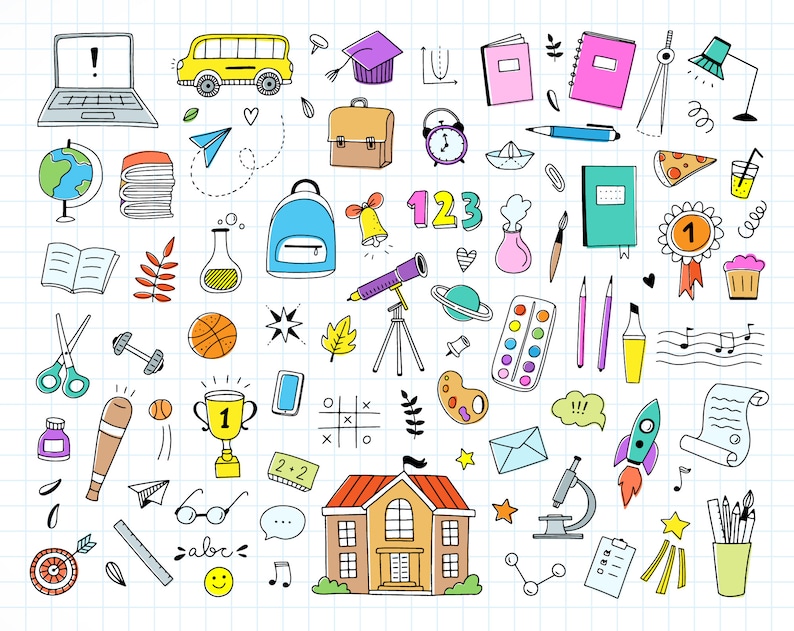 Pu&ograve; includere: Un'illustrazione colorata di scarabocchi di materiale scolastico, tra cui un autobus scolastico, un mappamondo, uno zaino, un telescopio, un microscopio, una tavolozza di colori, un trofeo, un righello, una matita, un libro, un quaderno, una campana, una calcolatrice, un razzo, un edificio scolastico e una nota musicale. Gli scarabocchi sono su uno sfondo bianco con linee di griglia blu.