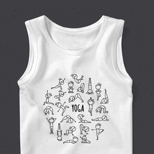 May include: White tank top with a black outline of stick figures in various yoga poses. The text "YOGA" is printed in the center of the design.