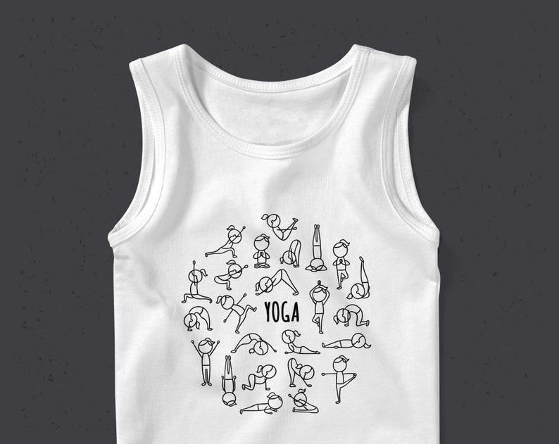 May include: White tank top with a black outline of stick figures in various yoga poses. The text "YOGA" is printed in the center of the design.