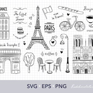 Parijs svg-bestanden voor de cricut Parijs PNG-bestanden reizen illustraties Notre Dame SVG Parijse clipart Eiffeltoren SVG digitale clipart