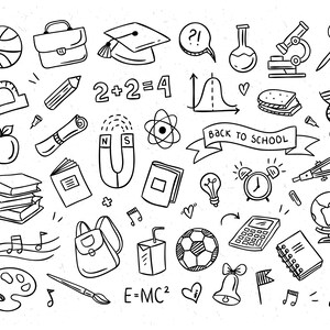 Pode incluir: Ilustra&ccedil;&atilde;o em preto e branco de estilo doodle de diversos materiais escolares, incluindo um globo terrestre, uma mochila, uma calculadora, um l&aacute;pis, um livro, uma r&eacute;gua, um microsc&oacute;pio, um chap&eacute;u de formatura, um sino, um pincel, uma paleta de tinta, uma caixa de suco, uma bola de futebol, uma l&acirc;mpada, um despertador, uma b&uacute;ssola, uma fita de DNA, um &iacute;m&atilde;, uma ma&ccedil;&atilde;, uma bola de basquete, um sandu&iacute;che, um b&eacute;quer, um tubo de ensaio, um caderno, uma nota musical, um rolo, uma pasta e um bal&atilde;o de fala com um ponto de interroga&ccedil;&atilde;o e um ponto de exclama&ccedil;&atilde;o. O texto "BACK TO SCHOOL" est&aacute; escrito em uma faixa.