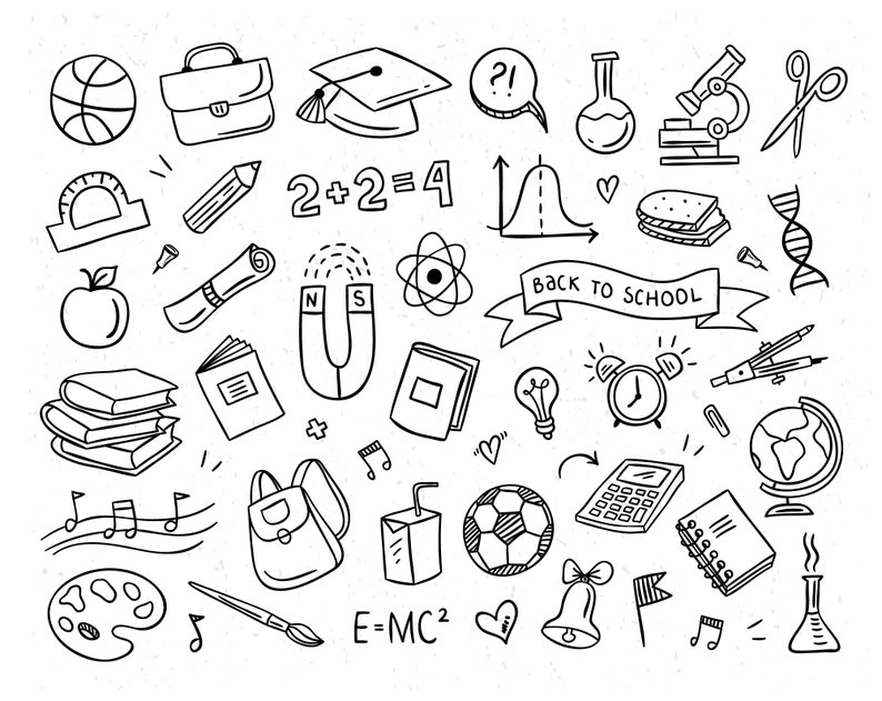 Pode incluir: Ilustra&ccedil;&atilde;o em preto e branco de estilo doodle de diversos materiais escolares, incluindo um globo terrestre, uma mochila, uma calculadora, um l&aacute;pis, um livro, uma r&eacute;gua, um microsc&oacute;pio, um chap&eacute;u de formatura, um sino, um pincel, uma paleta de tinta, uma caixa de suco, uma bola de futebol, uma l&acirc;mpada, um despertador, uma b&uacute;ssola, uma fita de DNA, um &iacute;m&atilde;, uma ma&ccedil;&atilde;, uma bola de basquete, um sandu&iacute;che, um b&eacute;quer, um tubo de ensaio, um caderno, uma nota musical, um rolo, uma pasta e um bal&atilde;o de fala com um ponto de interroga&ccedil;&atilde;o e um ponto de exclama&ccedil;&atilde;o. O texto "BACK TO SCHOOL" est&aacute; escrito em uma faixa.