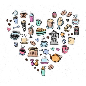 Puede incluir: Una ilustraci&oacute;n dibujada a mano de varios art&iacute;culos relacionados con el caf&eacute; y el t&eacute;, incluyendo tazas, jarras, granos de caf&eacute;, una tetera, una cafetera y un pastel. Los art&iacute;culos est&aacute;n dispuestos en forma de coraz&oacute;n, con un fondo marr&oacute;n claro.