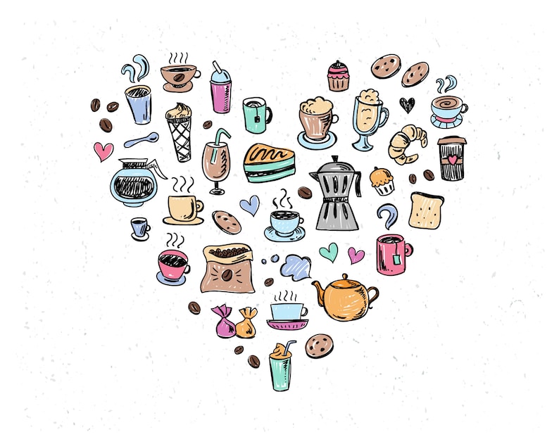 Puede incluir: Una ilustraci&oacute;n dibujada a mano de varios art&iacute;culos relacionados con el caf&eacute; y el t&eacute;, incluyendo tazas, jarras, granos de caf&eacute;, una tetera, una cafetera y un pastel. Los art&iacute;culos est&aacute;n dispuestos en forma de coraz&oacute;n, con un fondo marr&oacute;n claro.
