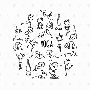 May include: A black and white illustration of people in various yoga poses, arranged in a circle around the word "YOGA".