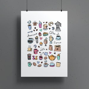 Puede incluir: Una ilustraci&oacute;n colorida de garabatos de caf&eacute; y art&iacute;culos relacionados con el caf&eacute;, que incluyen tazas, jarras, granos, pasteles y una cafetera. Las palabras "Coffee", "Espresso", "Latte" y "Americans" est&aacute;n incluidas en la ilustraci&oacute;n.