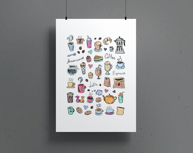 Puede incluir: Una ilustraci&oacute;n colorida de garabatos de caf&eacute; y art&iacute;culos relacionados con el caf&eacute;, que incluyen tazas, jarras, granos, pasteles y una cafetera. Las palabras "Coffee", "Espresso", "Latte" y "Americans" est&aacute;n incluidas en la ilustraci&oacute;n.