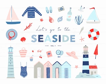 May include: A collection of nautical-themed illustrations, including sailboats, a lighthouse, a life preserver, and beach huts. The phrase "Let's go to the Seaside" is displayed in a playful font, with the word "Seaside" in blue and white patterns.