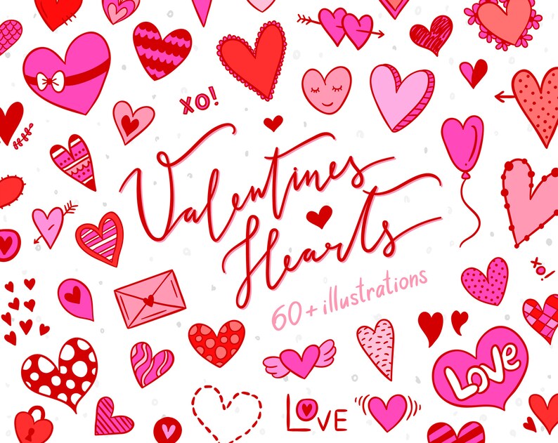 K&ouml;nnte beinhalten: Eine Sammlung von &uuml;ber 60 handgezeichneten Herzen in Rot und Rosa mit verschiedenen Mustern und Designs. Die Herzen sind auf einem wei&szlig;en Hintergrund mit dem Text "Valentines Hearts" und "60+ Illustrationen" verteilt.